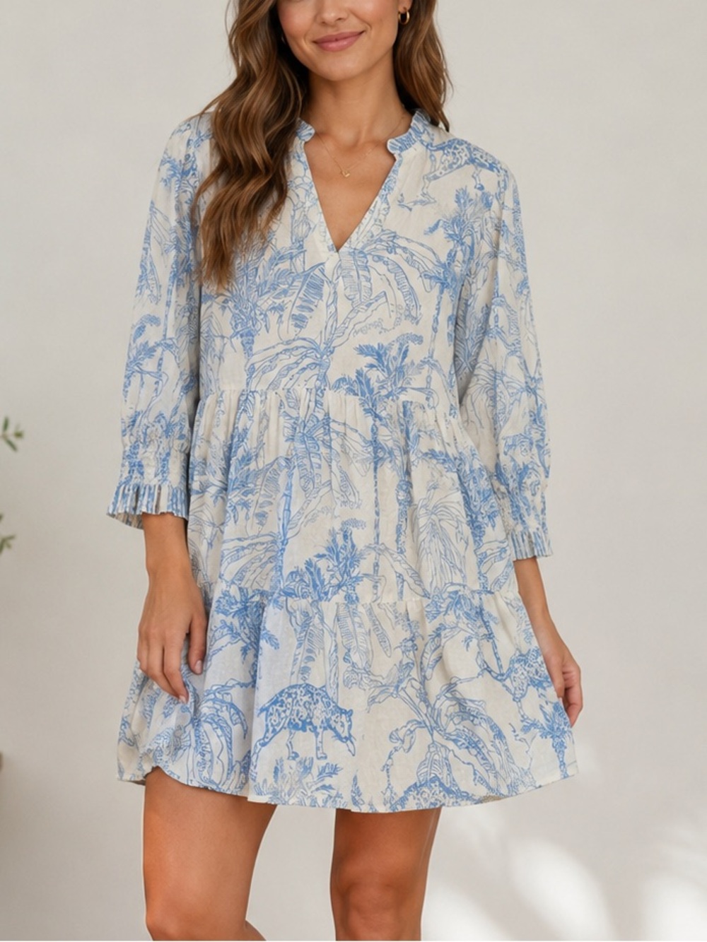 Charlee Toile Print Short Sleeve Dress in Blue and White